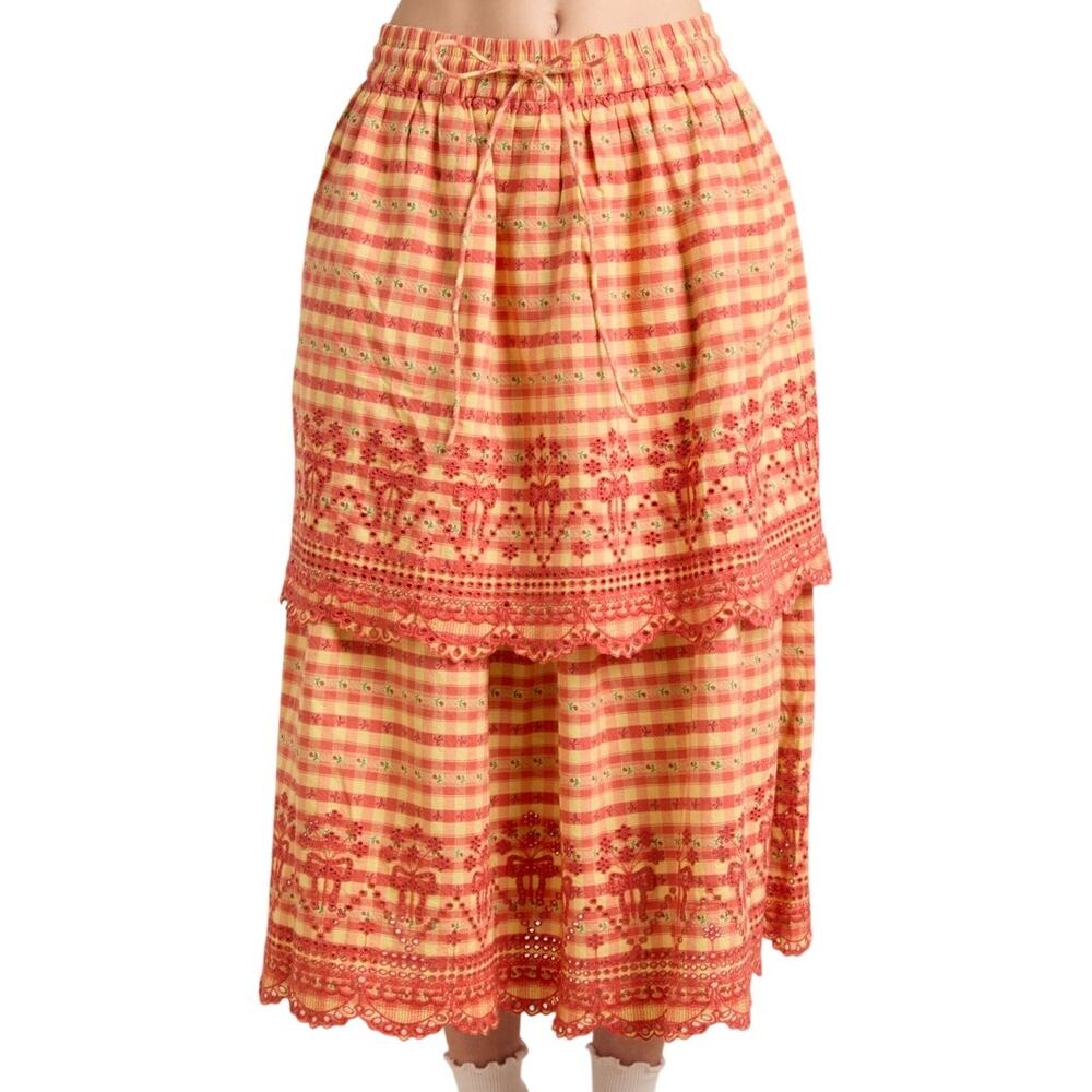 Damson Madder (US 8 / UK 12) Cosette Rara Midi Skirt Orange Gingham Embroidered